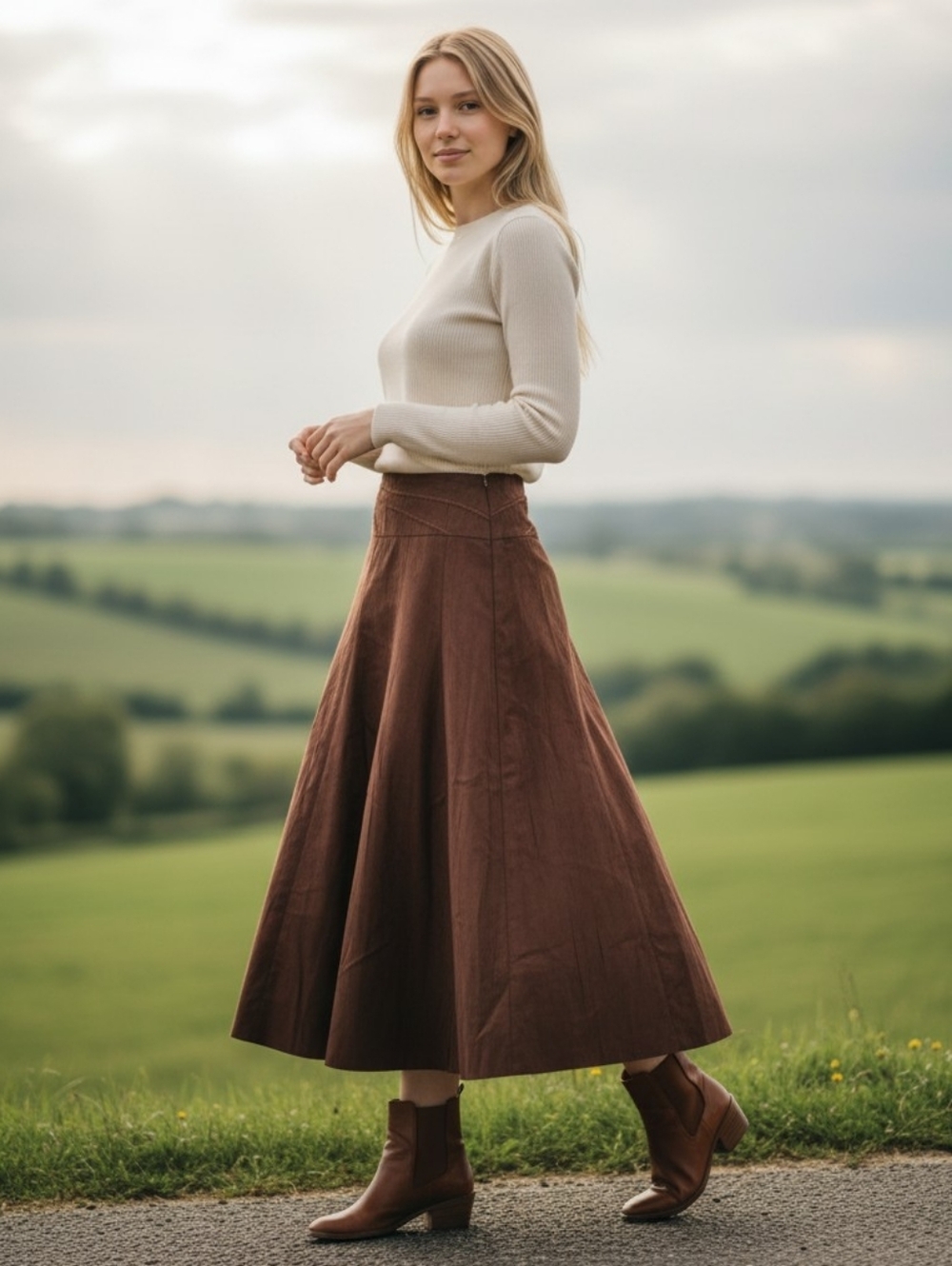 Vintage Faux Suede  A-line Midi Skirt Gored Flared Chocolate Brown Size 10